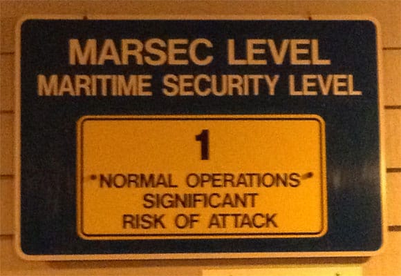 A sign at the Juneau ferry station informing us of the current threat level.